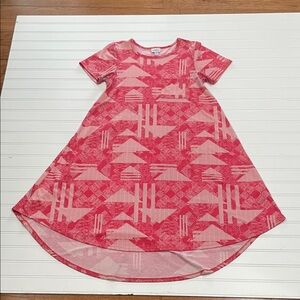 LULAROE CARLY SWING DRESS RED AZTEC DESIGN SHORT SLEEVE FRONT POCKET SIZE XXS